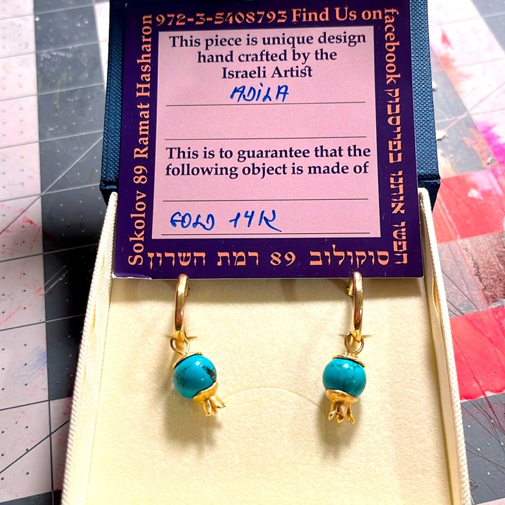 Gold hoop earrings with turquoise pomegranate.
